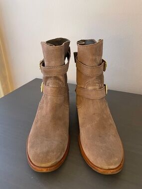 kate spade Tan Suede Ankle Boots with Gold Buckles